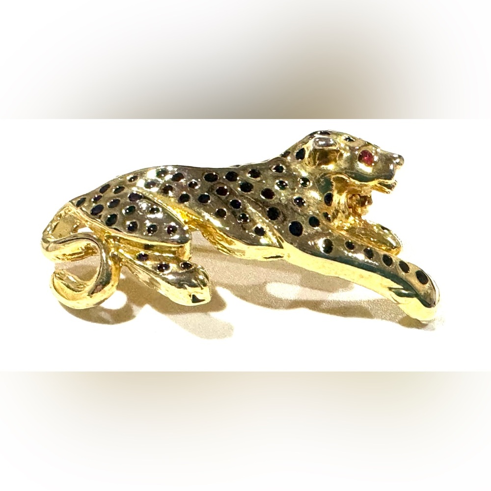 Vintage Gold and Black Leopard Brooch with Red Eyes